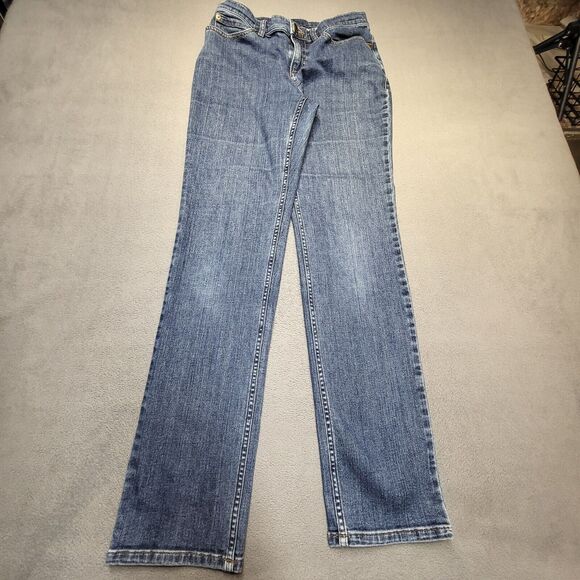 Duluth Trading Jeans Womens 8 Blue Straight Leg Distressed Denim - Picture 1 of 9